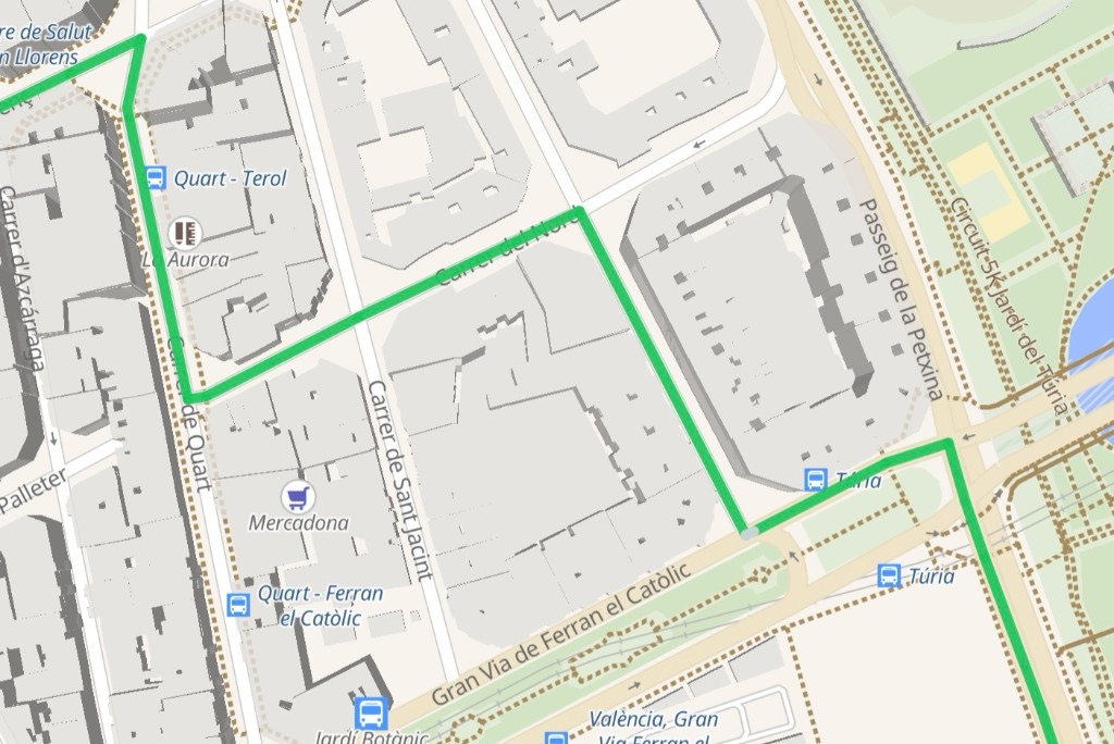 Mapa de Rampa en Valencia con ruta accesible en verde por Carrer de Quart, Passeig de la Petxina y Gran Via de Ferran el Catòlic